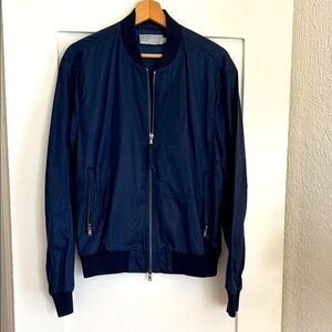 Navy Blue Bomber Jacket with Full-Length Zipper and Ribbed Cuffs